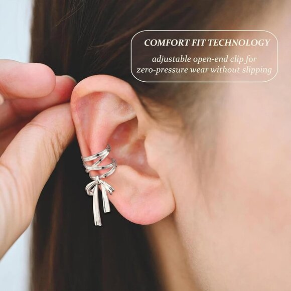 Elegant Non-Pierced Bow Cuff Earrings - Adjustable Sparkling Silver/Gold Finish - Picture 3 of 6